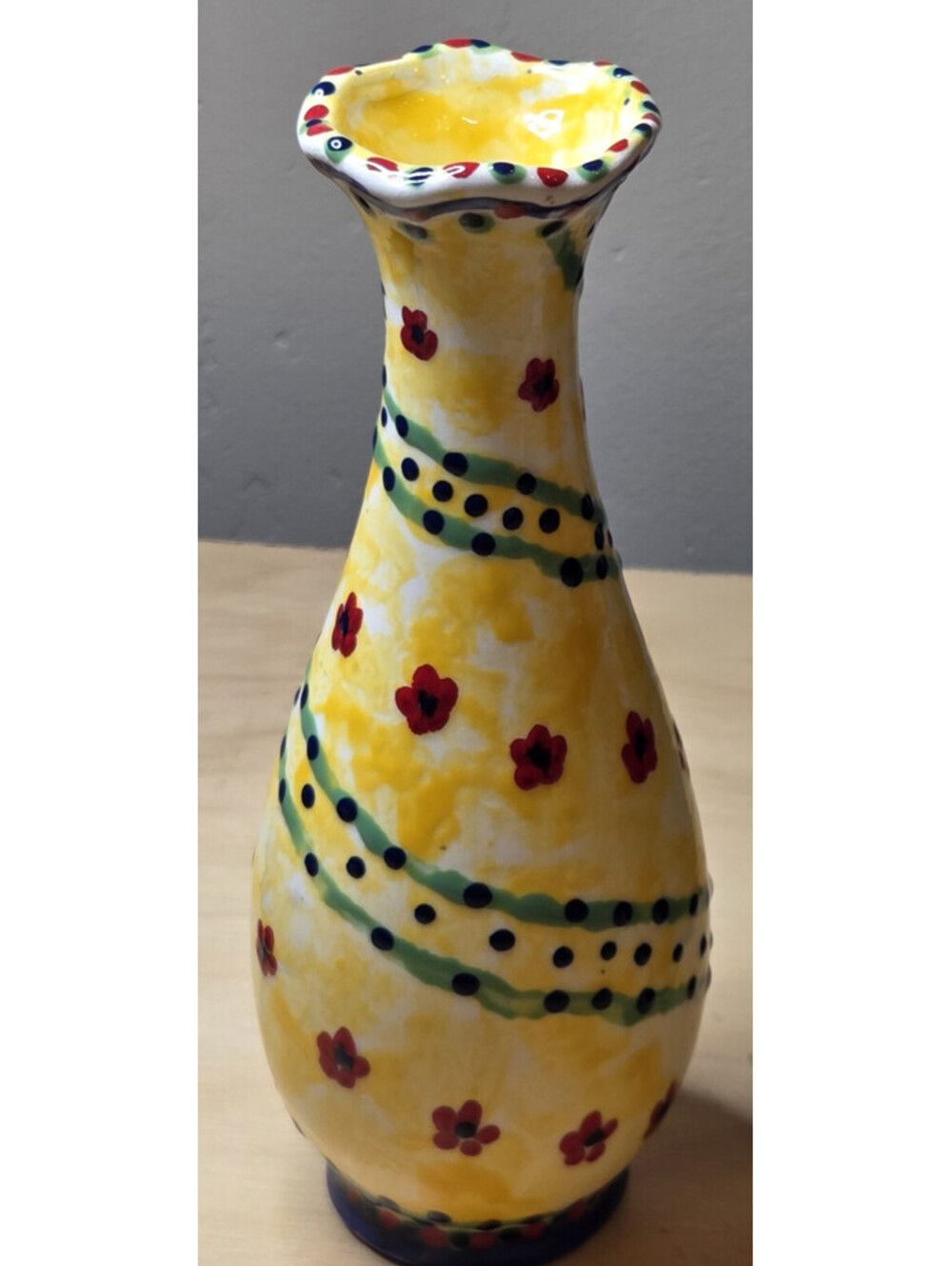 Vintage Hand Painted Art Vase 7" Yellow Drip Splatter Glaze and Red Florals